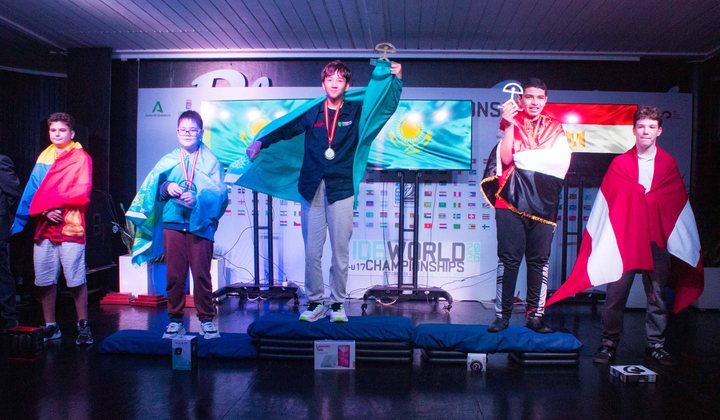 Open U13 podium: Danis Kuandykuly (Kazakhstan, gold), Abdalrahman Sameh Mohamed (Egypt, silver) and Alimzhan Zhauynbay (Kazakhstan, bronze).