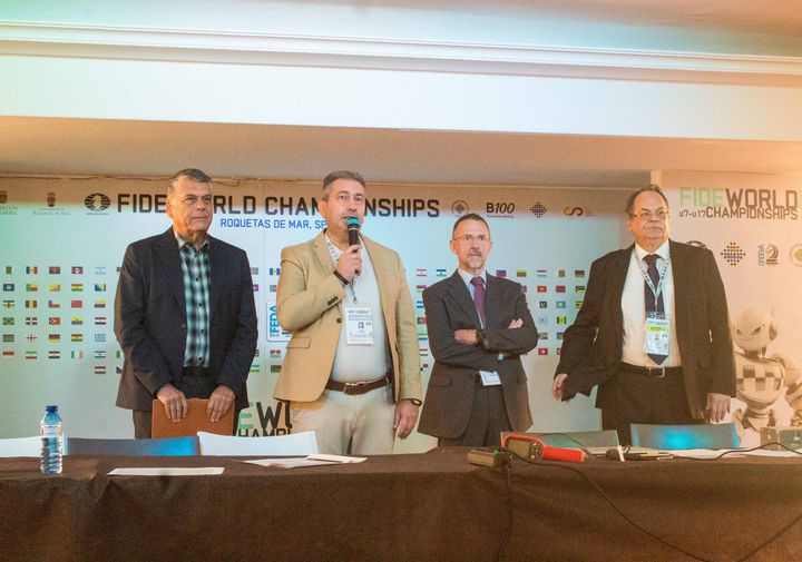 Day 1 (rounds 1–2) of the FIDE World U7–U17 Championships 2026 in Roquetas de Mar.