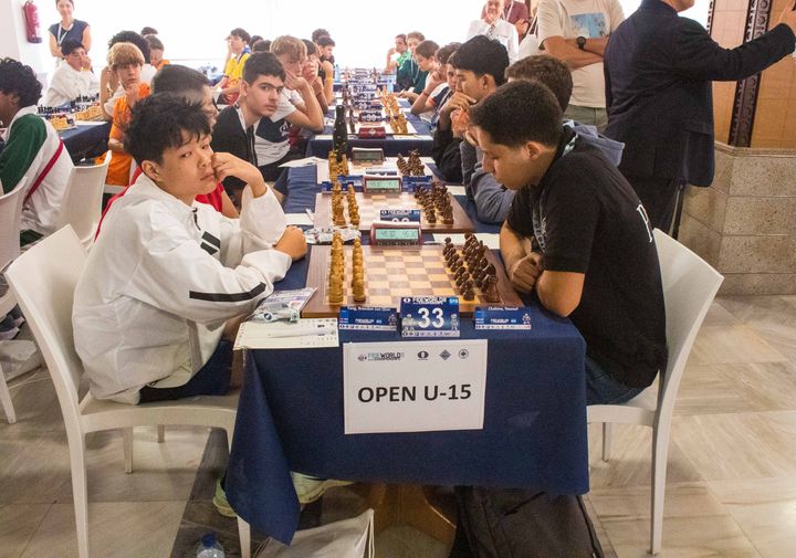 Day 1 (rounds 1–2) of the FIDE World U7–U17 Championships 2026 in Roquetas de Mar.