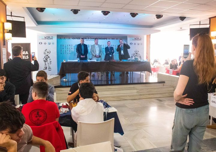 Day 1 (rounds 1–2) of the FIDE World U7–U17 Championships 2026 in Roquetas de Mar.